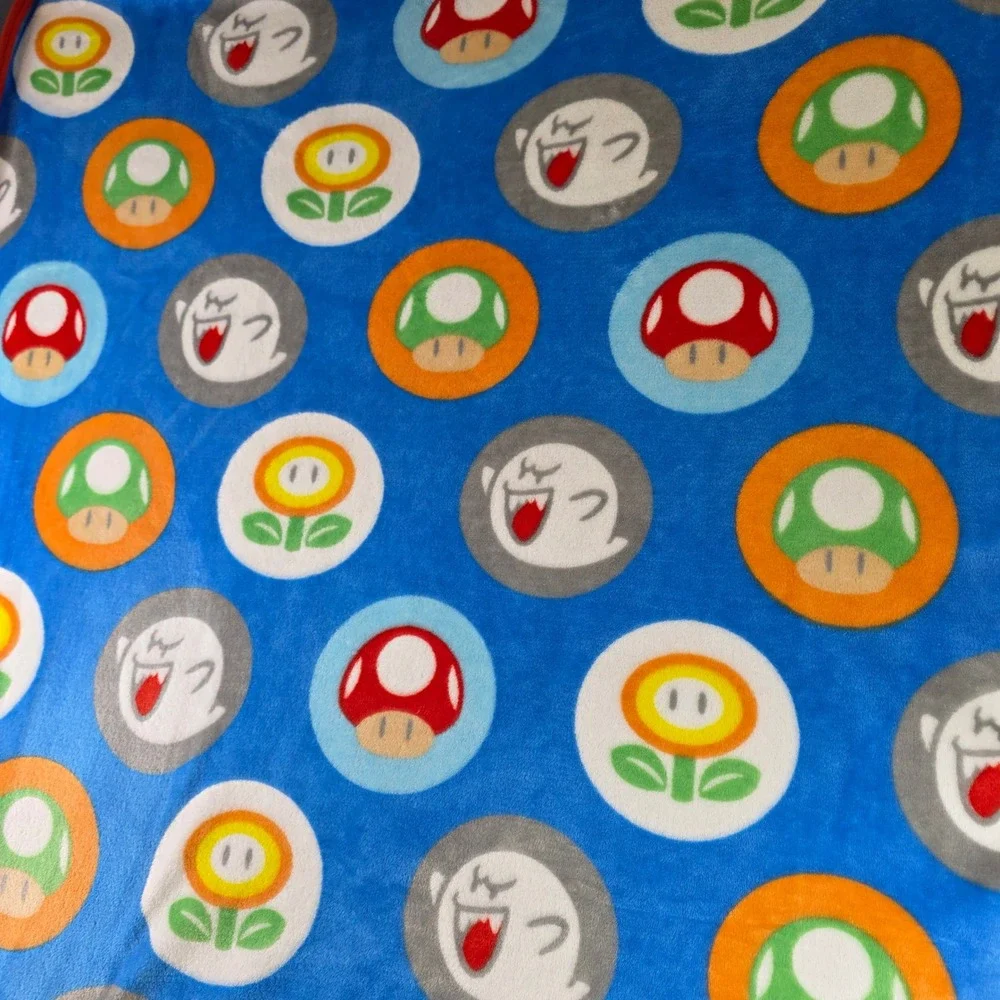 Super Mario Bros Fleece Throw Blanket Blue Boo Mushroom Fire Flower